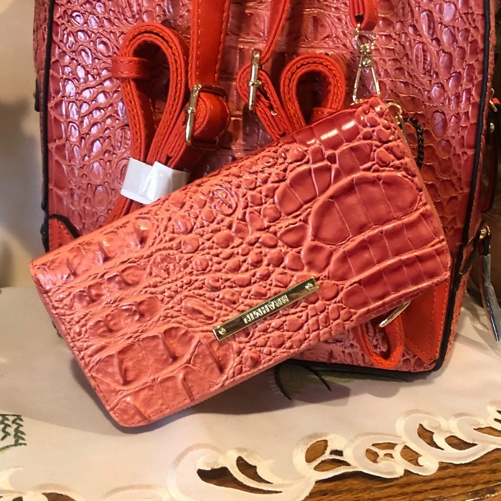 Source Unknown Coral Croc-Embossed Backpack with Matching Wristlet